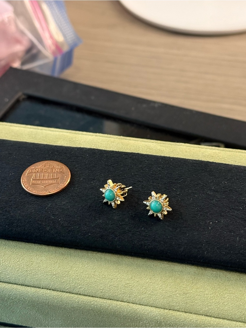 Gold Sunburst Turquoise Stud Earrings - Unbranded